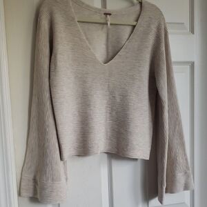 Free People Cream V-Neck Ribbed Sweater